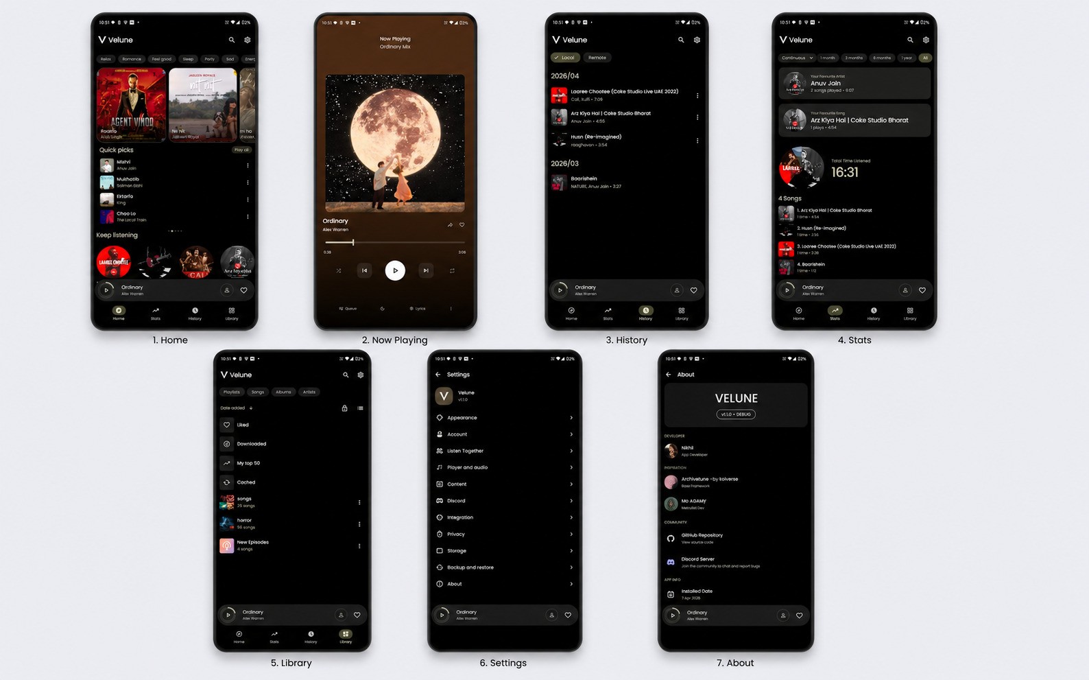 Velune app screens: home feed, now-playing with synced lyrics and library view